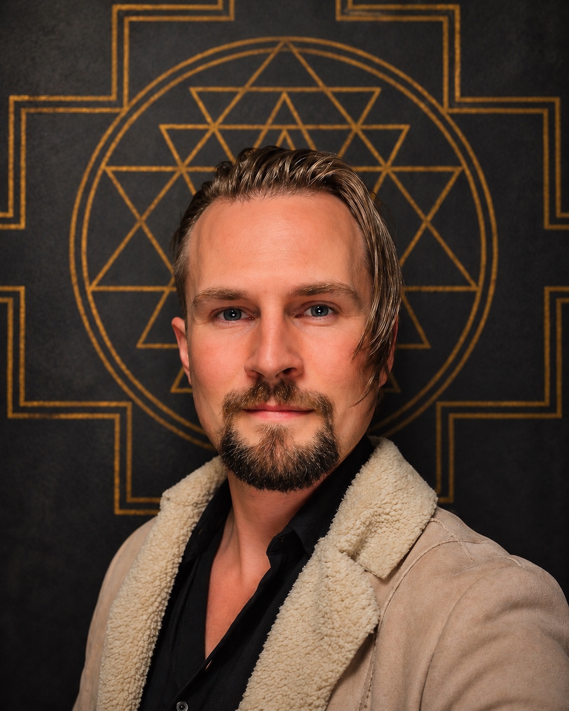 Asher against a charcoal background with gold sacred geometry