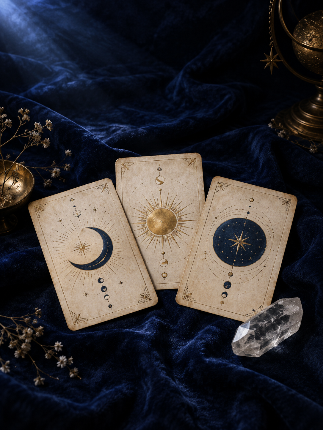 Tarot cards and a clear quartz crystal in soft light on midnight blue cloth